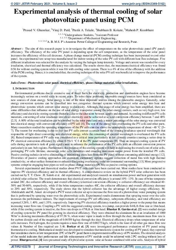 (PDF) Experimental analysis of thermal cooling of solar photovoltaic ...