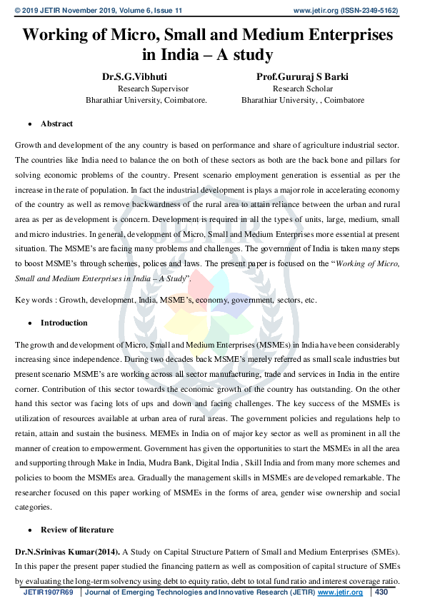 (PDF) Working of Micro, Small and Medium Enterprises in India – A study