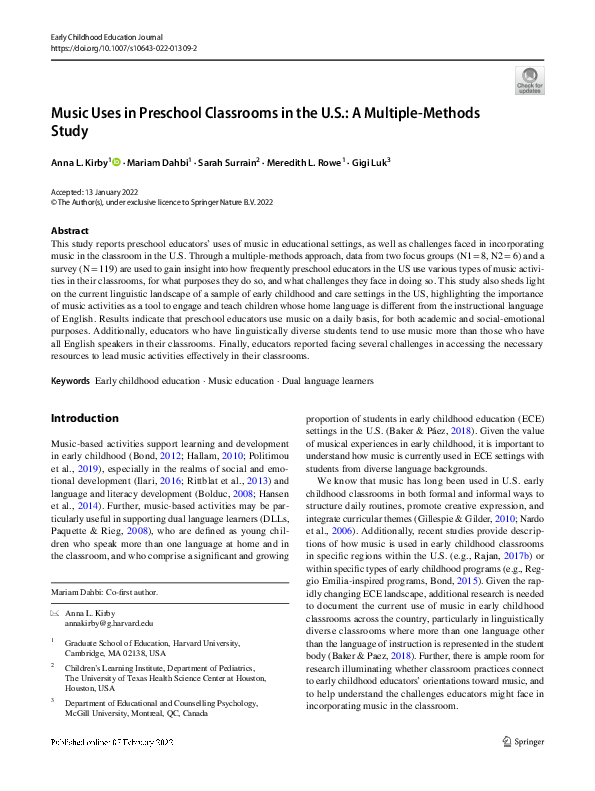 (PDF) Music Uses in Preschool Classrooms in the U.S.: A Multiple ...
