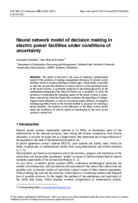 (PDF) Neural network model of decision making in electric power ...