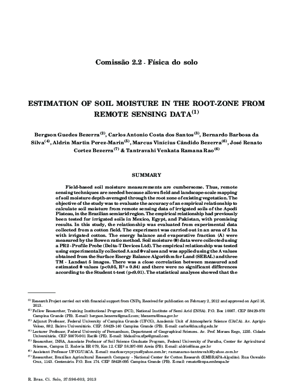 (PDF) Estimation of soil moisture in the root-zone from remote sensing data