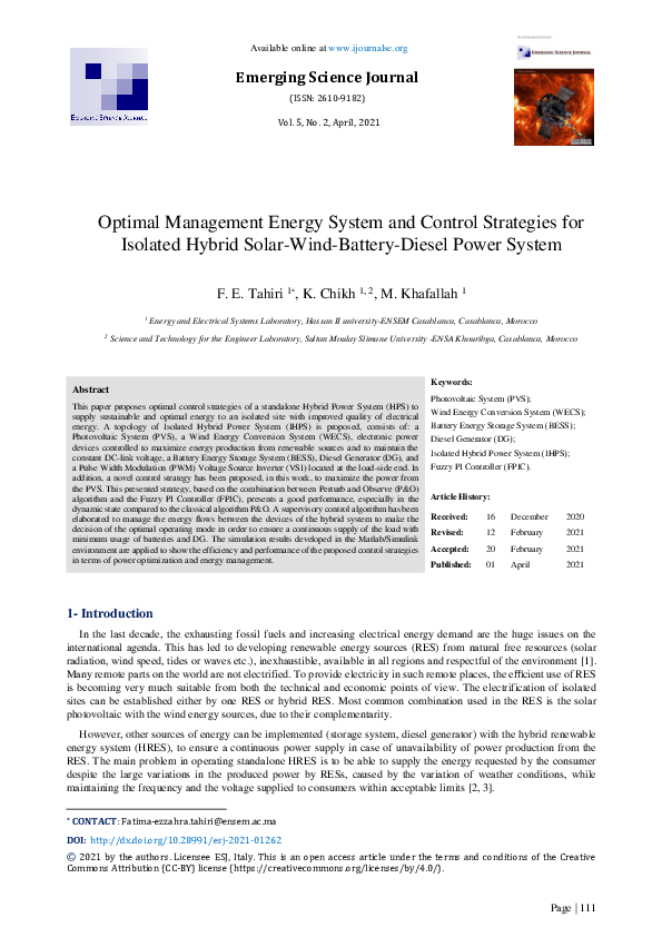 (PDF) Optimal Management Energy System and Control Strategies for ...