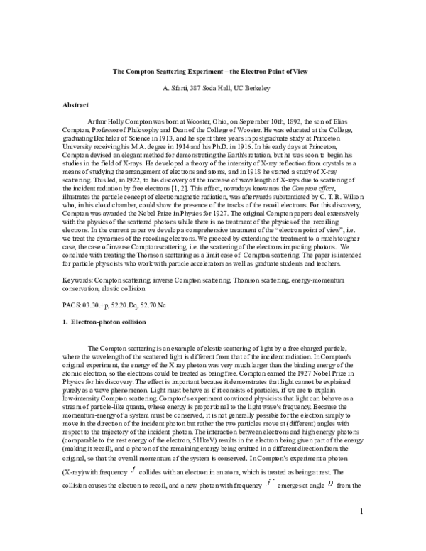 (PDF) THE COMPTON SCATTERING EXPERIMENT – THE ELECTRON POINT OF VIEW