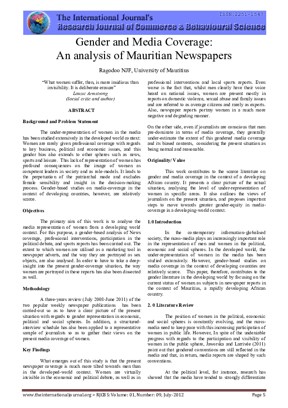 (PDF) Gender and Media Coverage: An analysis of Mauritian Newspapers