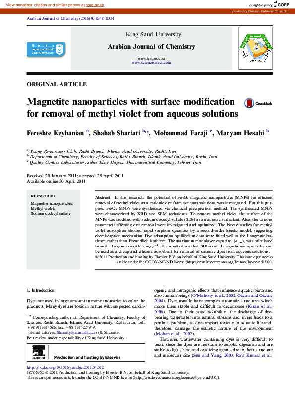 (PDF) Magnetite nanoparticles with surface modification for removal of ...