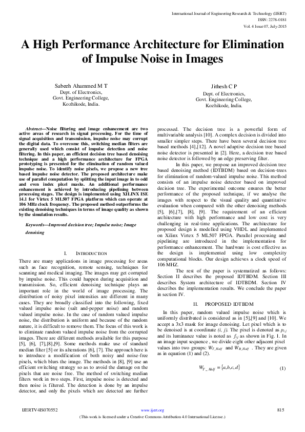 (PDF) A High Performance Architecture for Elimination of Impulse Noise ...