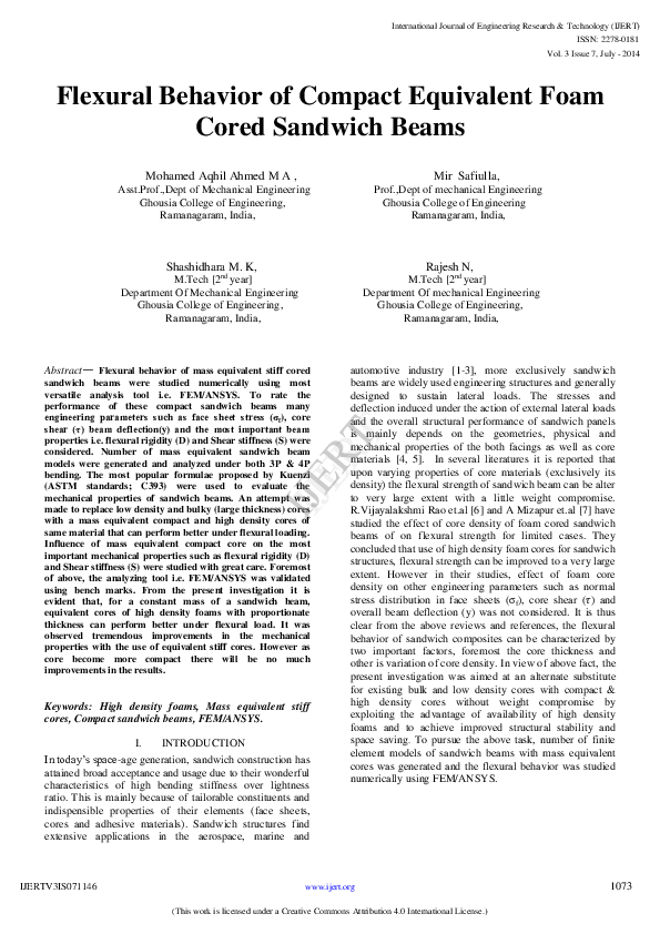 (PDF) Flexural Behavior of Compact Equivalent Foam Cored Sandwich Beams