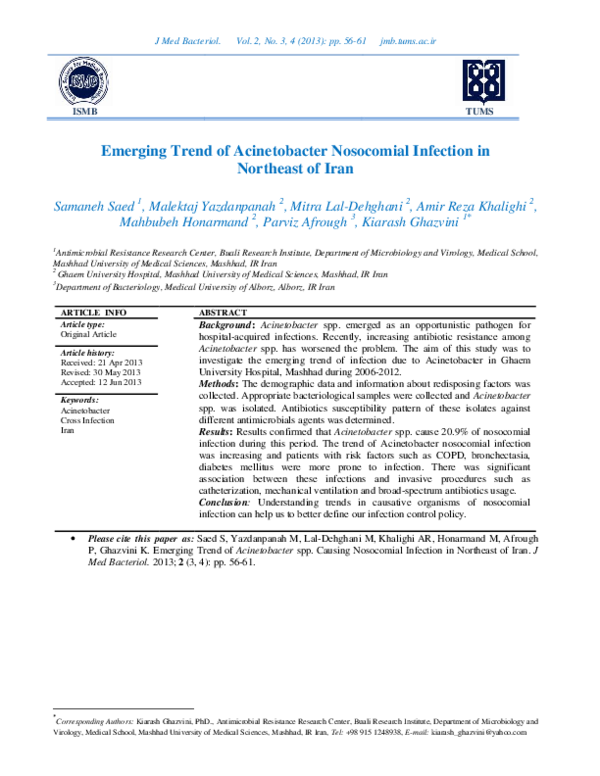(PDF) Emerging Trend of Acinetobacter Nosocomial Infection in Northeast ...
