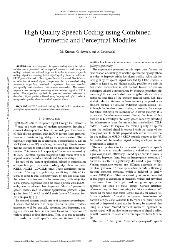 (PDF) High quality speech coding using combined parametric and ...