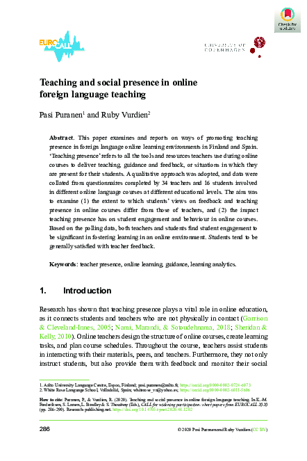 (PDF) Teaching and social presence in online foreign language teaching