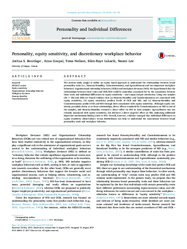 (PDF) Personality, equity sensitivity, and discretionary workplace behavior