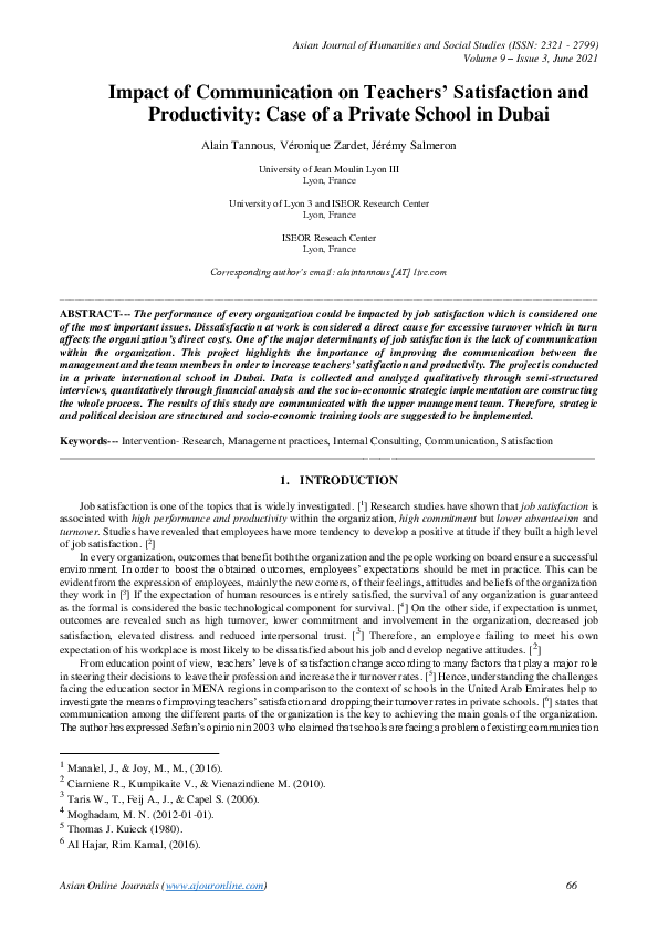(PDF) Impact of Communication on Teachers’ Satisfaction and Productivity