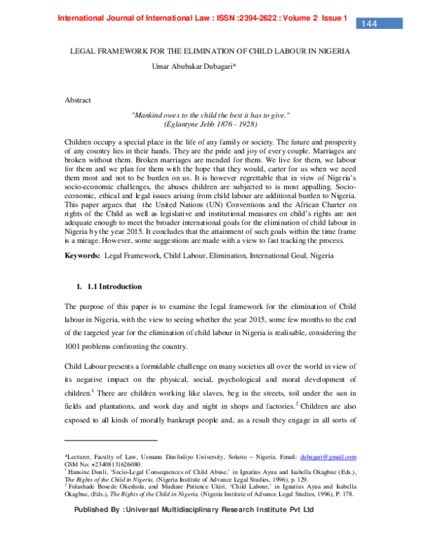 (PDF) Legal Framework for the Elimination of Child Labour in Nigeria