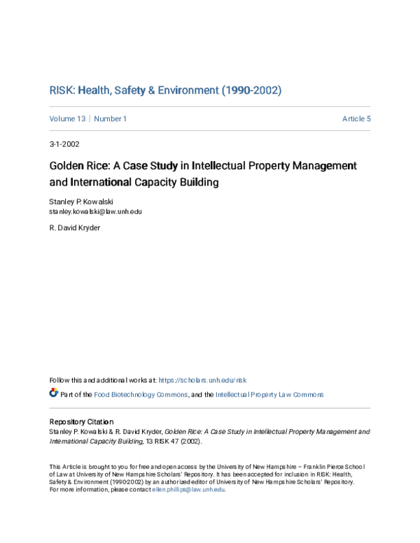 (PDF) Golden Rice: A Case Study in Intellectual Property Management and ...