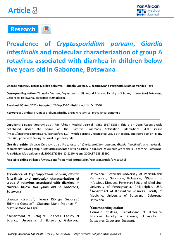 (PDF) Prevalence of Cryptosporidium parvum, Giardia intestinalis and ...