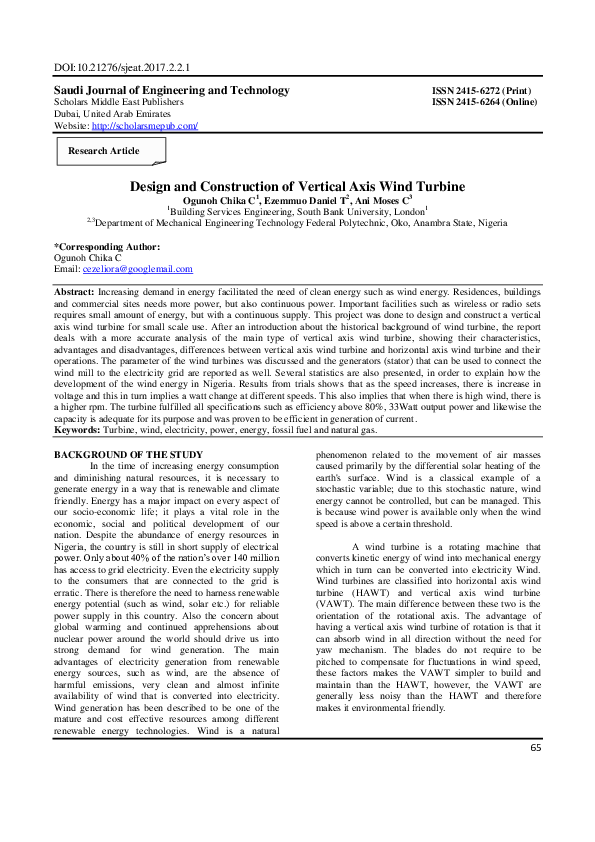 (PDF) Design and Construction of Vertical Axis Wind Turbine