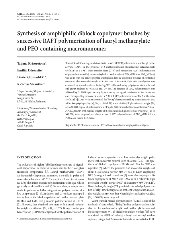 (PDF) Synthesis of amphiphilic diblock copolymer brushes by successive ...