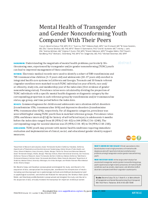 (PDF) Mental Health of Transgender and Gender Nonconforming Youth ...