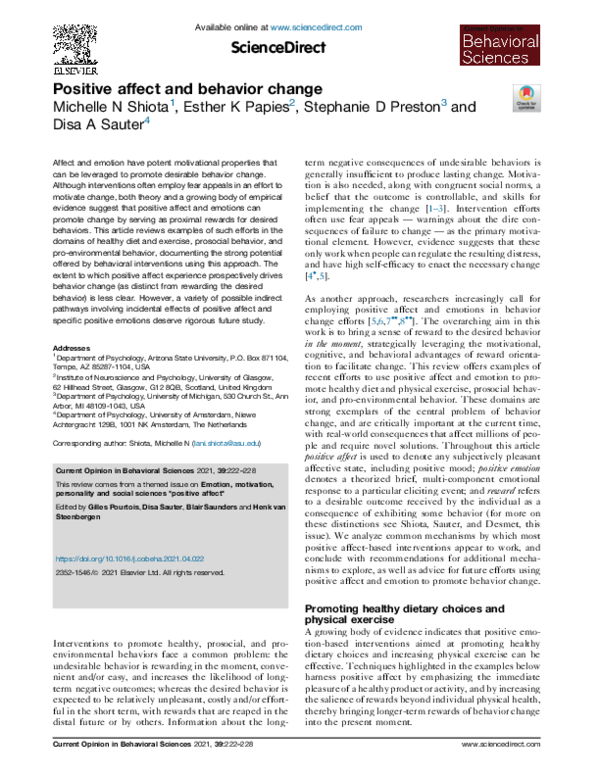 (PDF) Positive affect and behavior change