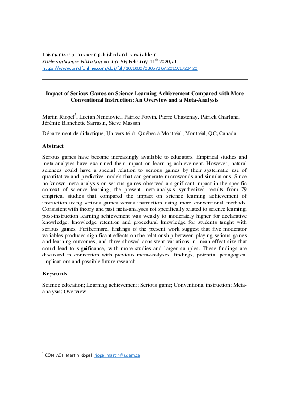 (PDF) Impact of serious games on science learning achievement compared ...