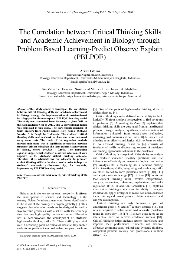 (PDF) The Correlation between Critical Thinking Skills and Academic ...