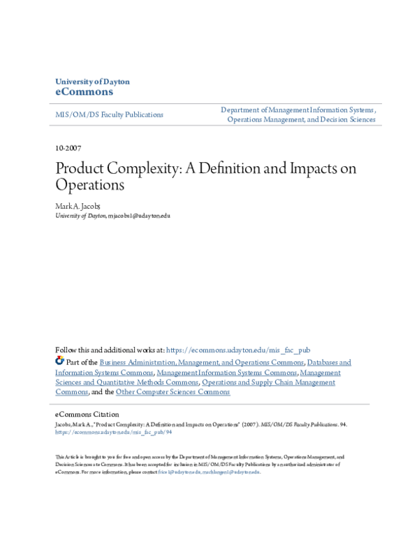 (PDF) Product Complexity: A Definition and Impacts on Operations