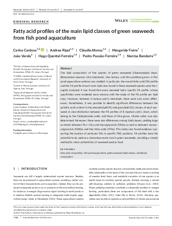 (PDF) Fatty acid profiles of the main lipid classes of green seaweeds ...