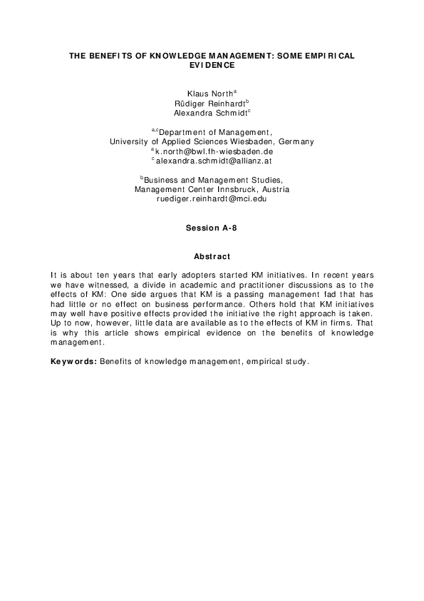 (PDF) The Benefits of Knowledge Management : Some Empirical Evidence