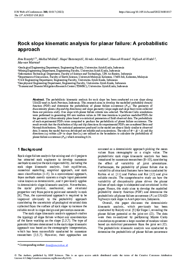 (PDF) Rock slope kinematic analysis for planar failure: A probabilistic ...