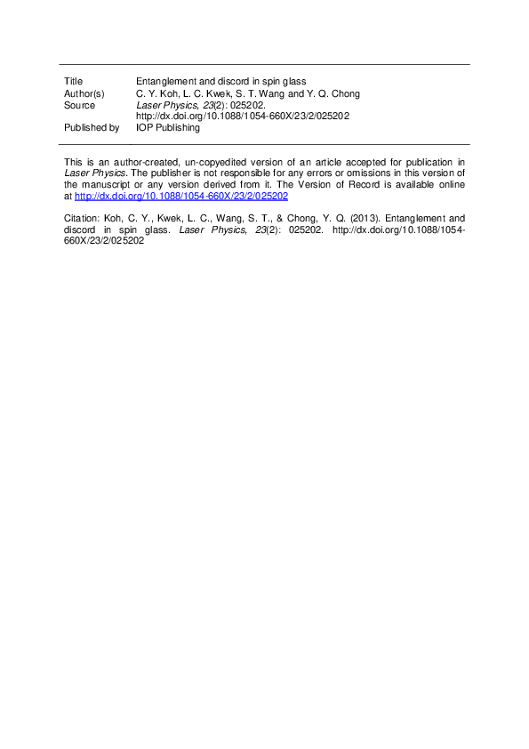 (PDF) Entanglement and discord in spin glass Leong Chuan Kwek