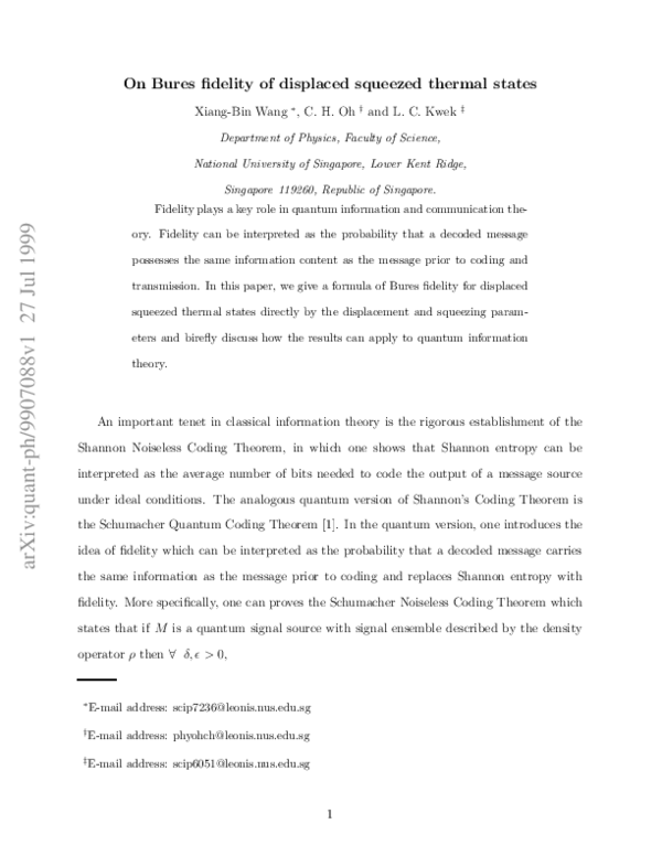 (PDF) Bures fidelity of displaced squeezed thermal states