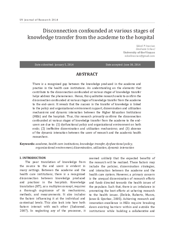 (PDF) Disconnection confounded at various stages of knowledge transfer ...