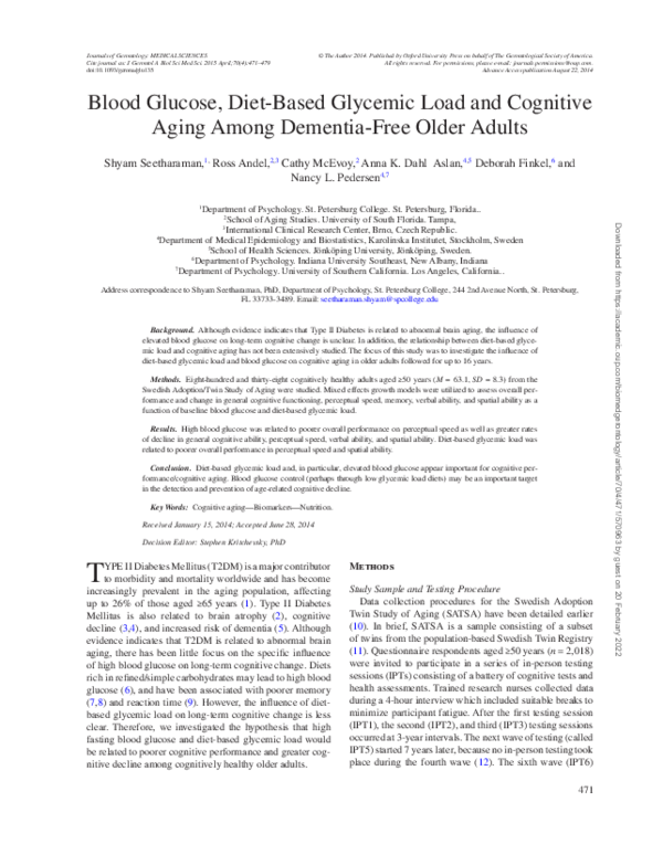 (PDF) Blood Glucose, Diet-Based Glycemic Load and Cognitive Aging Among ...