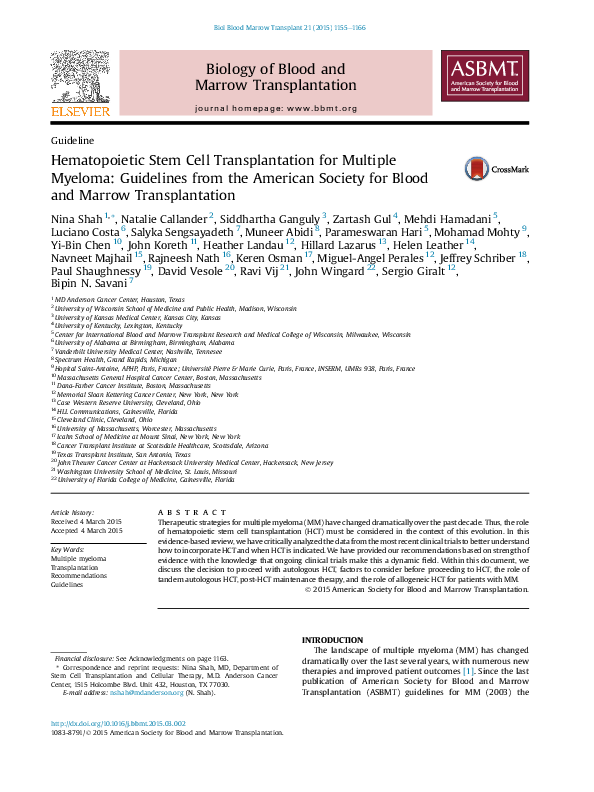 (PDF) Hematopoietic Stem Cell Transplantation for Multiple Myeloma ...