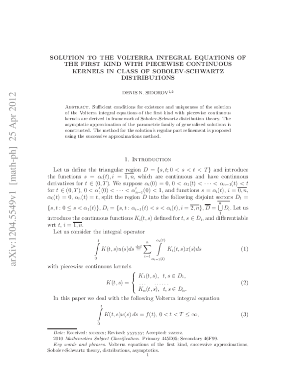(PDF) Solution to the Volterra integral equations of the first kind ...