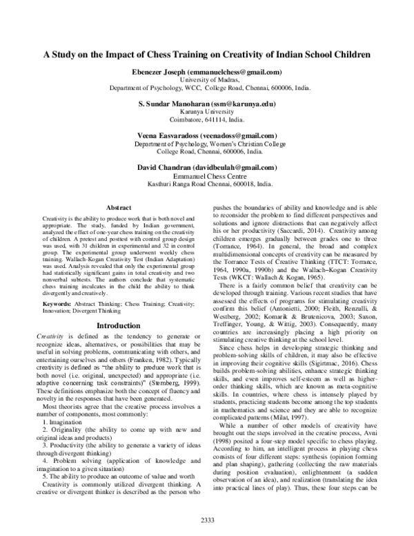 (PDF) A Study on the Impact of Chess Training on Creativity of Indian ...
