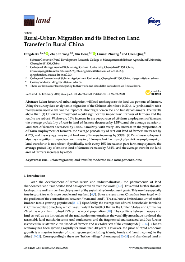 (PDF) Rural-Urban Migration and its Effect on Land Transfer in Rural China