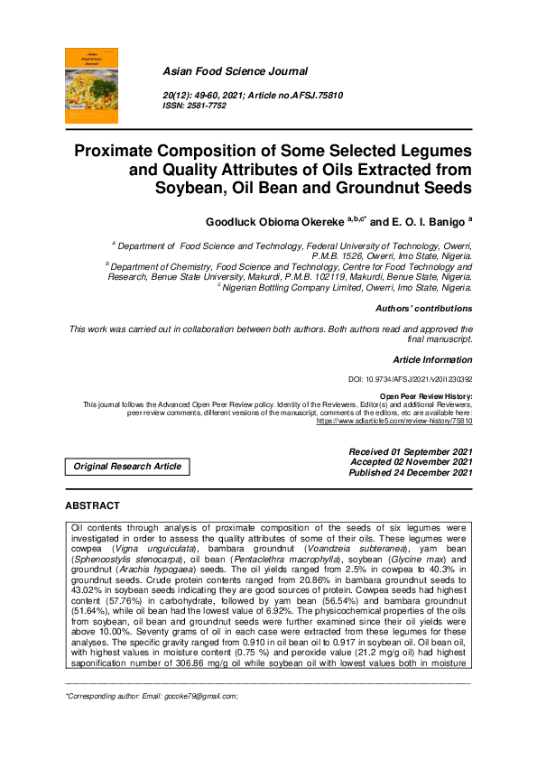 (PDF) Proximate Composition of Some Selected Legumes and Quality ...