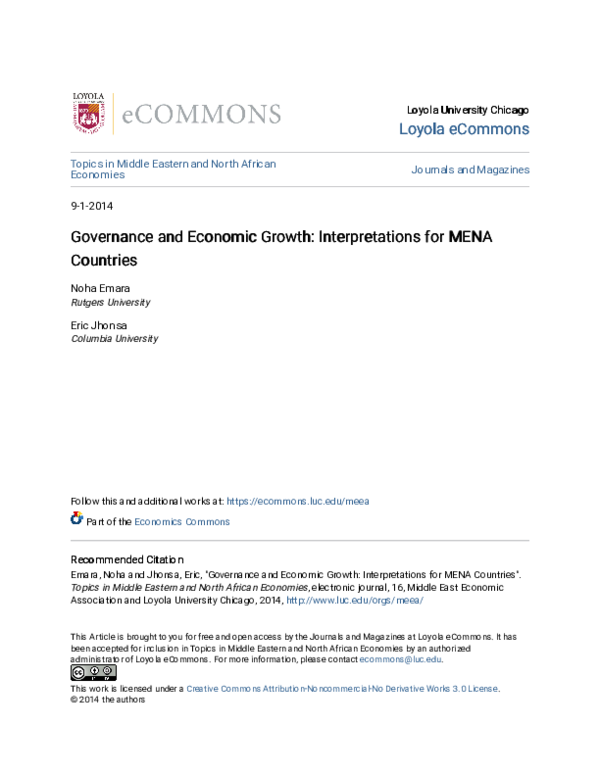 (PDF) Governance and Economic Growth: Interpretations for MENA Countries