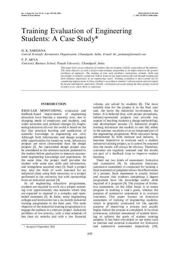 (PDF) Training Evaluation of Engineering Students A Case Study* Dr