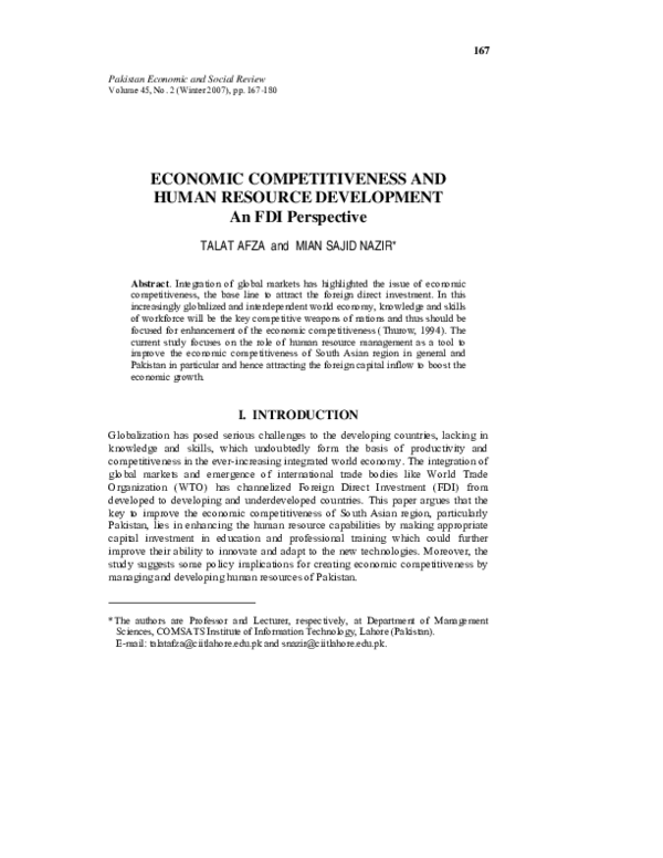 (PDF) ECONOMIC COMPETITIVENESS AND HUMAN RESOURCE DEVELOPMENT An FDI ...