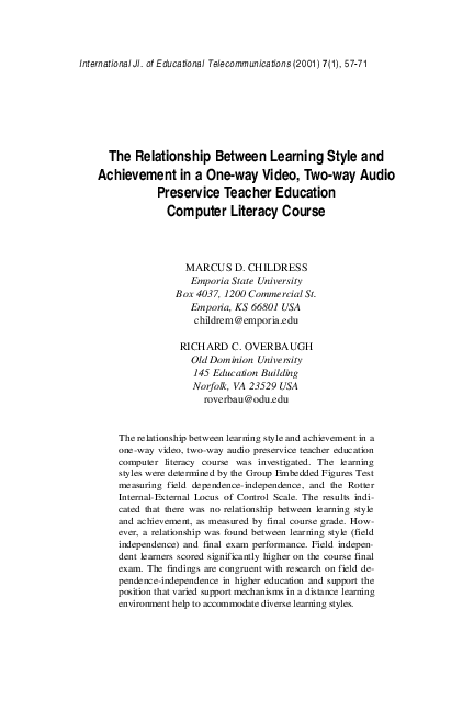 (PDF) The Relationship Between Learning Style and Achievement in a One ...