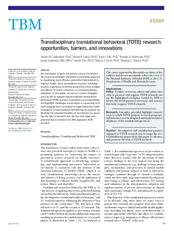(PDF) Transdisciplinary translational behavioral (TDTB) research ...