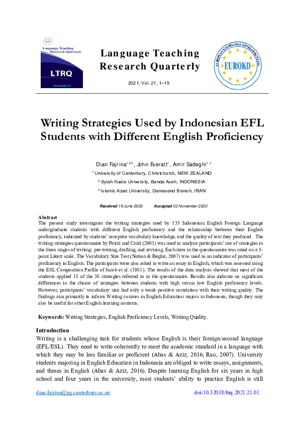 (PDF) Writing Strategies Used by Indonesian EFL Students with Different ...