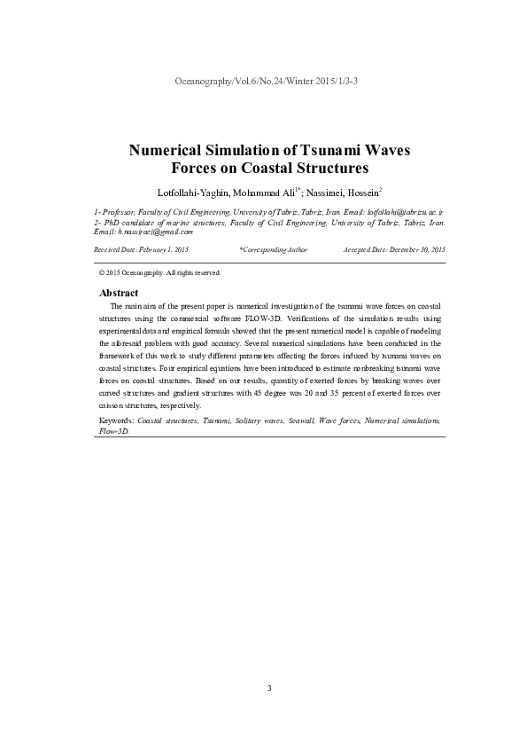 (PDF) Numerical Simulation of Tsunami Waves Forces on Coastal Structures