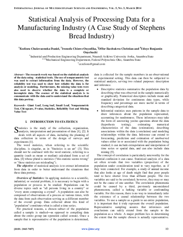 (PDF) Statistical Analysis of Processing Data for a Manufacturing ...