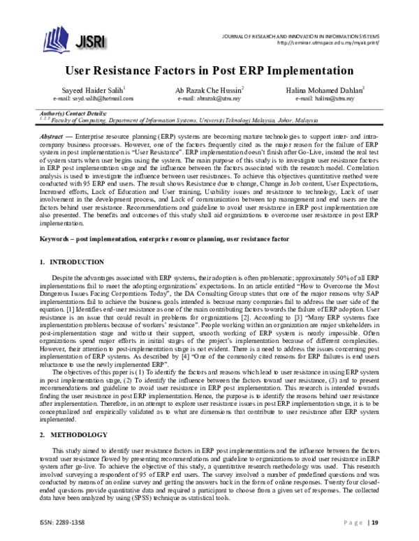 (PDF) User resistance factors in post ERP implementation