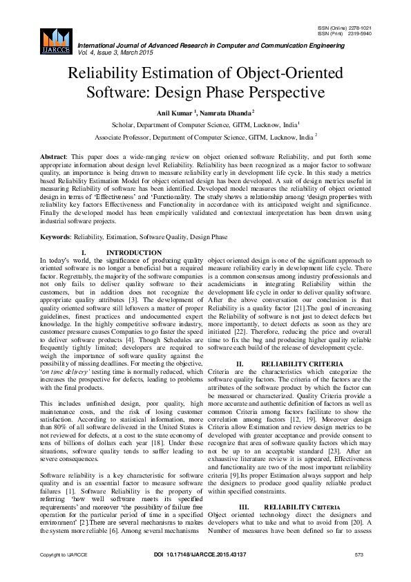 (PDF) Reliability Estimation of Object-Oriented Software: Design Phase ...