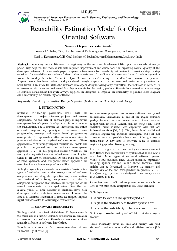 (PDF) Reusability Estimation Model for Object Oriented Software