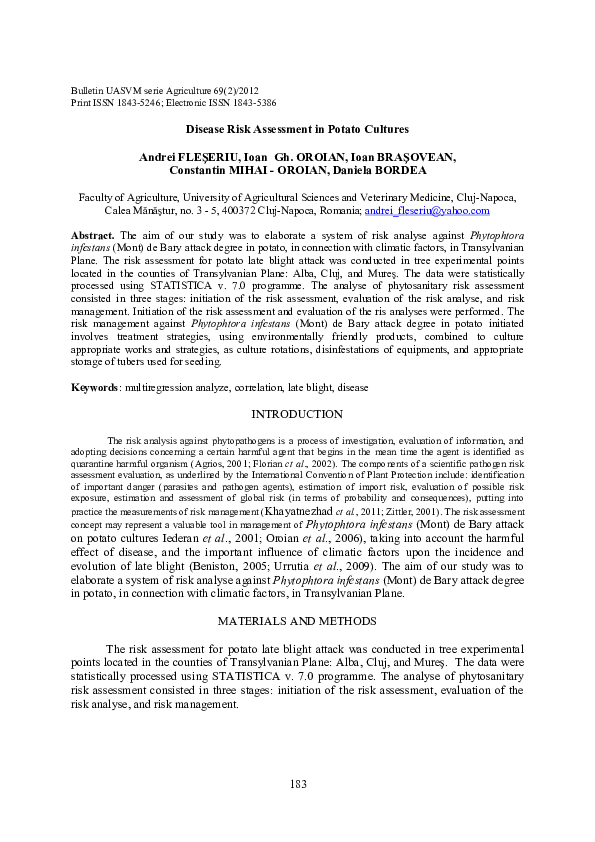 (PDF) Disease Risk Assessment in Potato Cultures